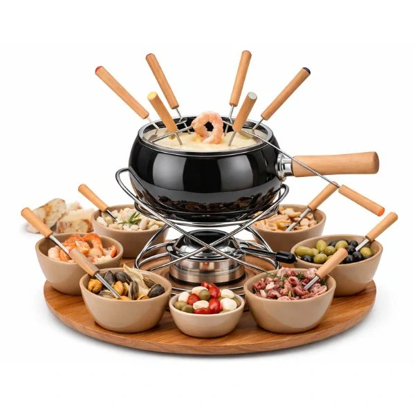 KELA Fondue sada 23 ks OLIVE smalt / keramika / dřevo