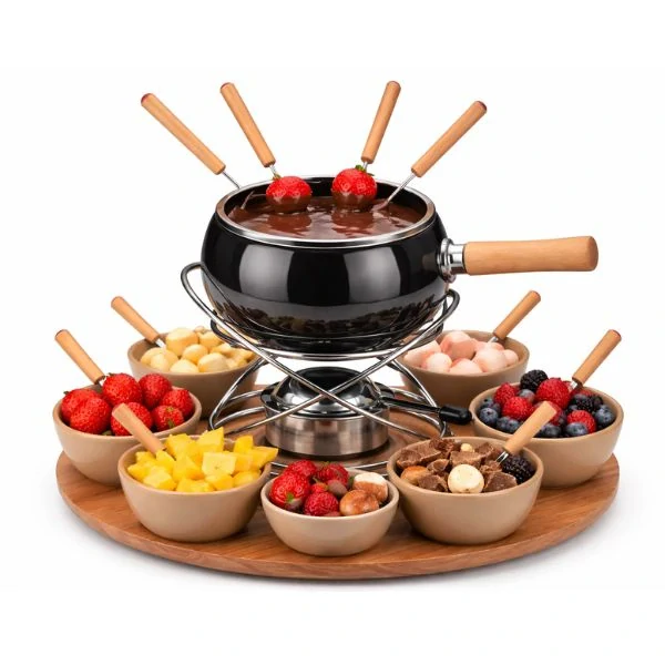 KELA Fondue sada 23 ks OLIVE smalt / keramika / dřevo