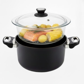 Parní hrnec SKK 20 cm / 10 cm – titanový hrnec, skleněný pařák a poklice, indukce