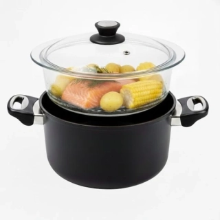 Parní hrnec SKK 24 cm / 11 cm – titanový hrnec, skleněný pařák a poklice, indukce
