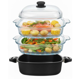 Set pro patrové parní vaření SKK: Titanová pánev 26x26 cm, 2x skleněný parní nástavec, poklice, indukční