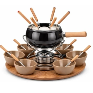 KELA Fondue sada 23 ks OLIVE smalt / keramika / dřevo